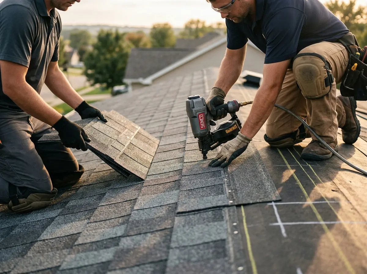 Professional roofer working on a residential roof in Porterville